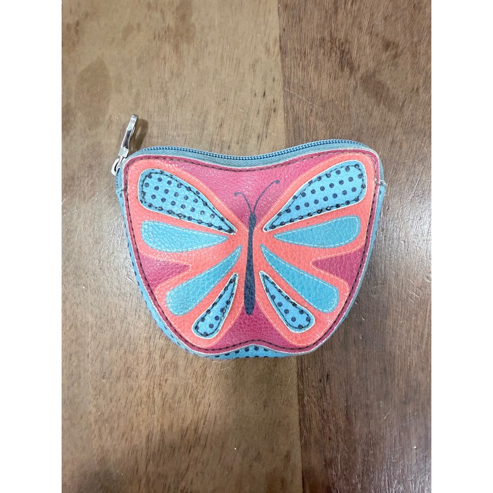 Relic Butterfly Coin Purse Blue Pink Polka Dot Zip Pouch Small Wallet